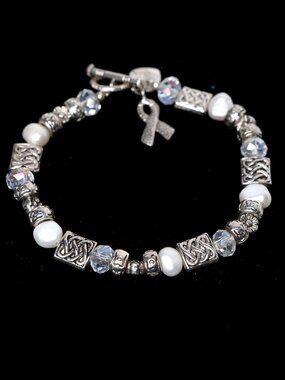 Charm Bracelet Breast Cancer Awareness Freshwater Pearl AB Faceted Beads Silver